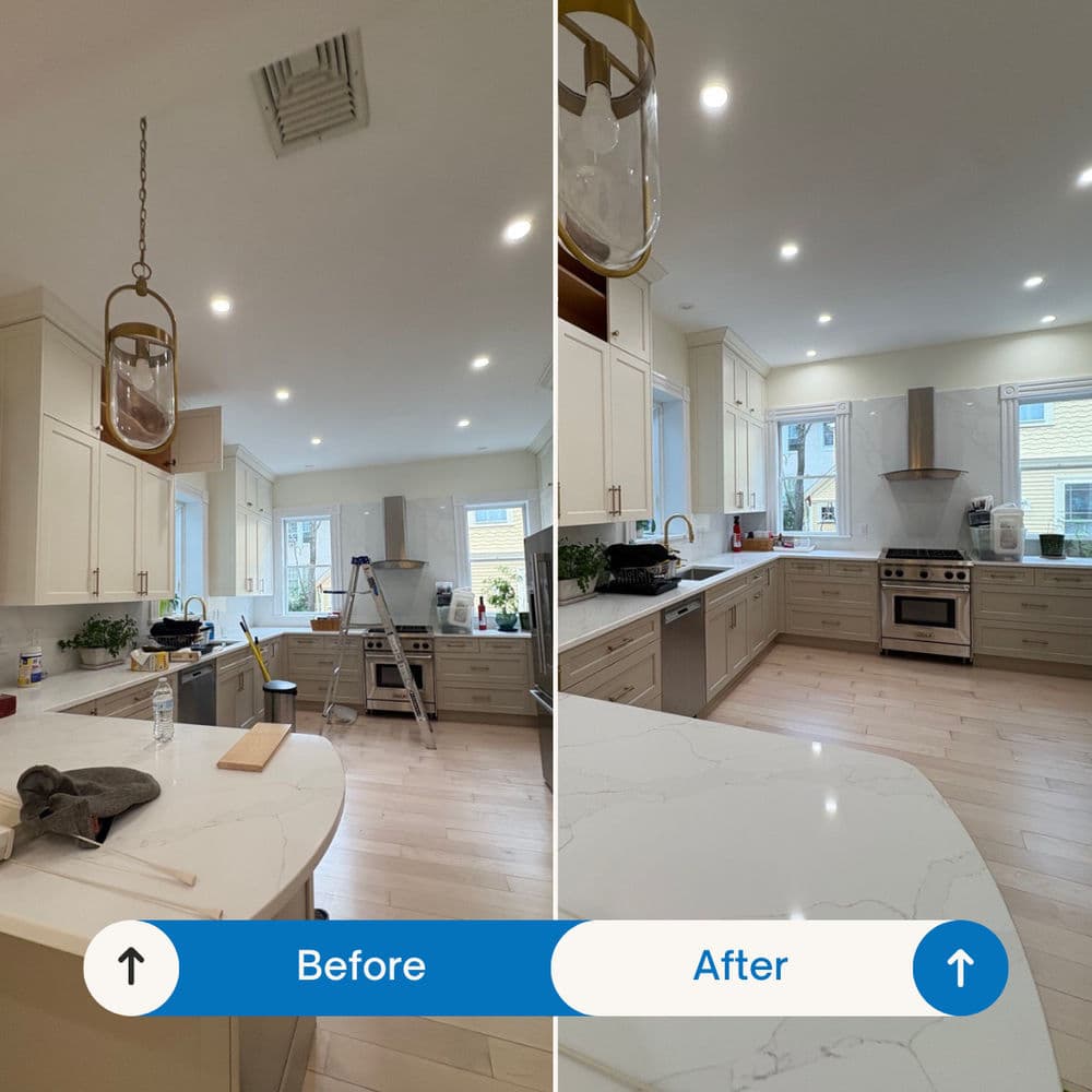 Before and after kitchen remodel showcasing modern design and improved lighting.